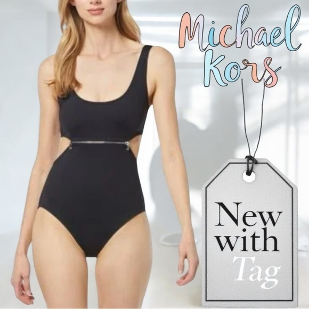 MICHAEL KORS Zip Trim One Piece Women's Black Swimsuit Scoop Neckline‎ Small